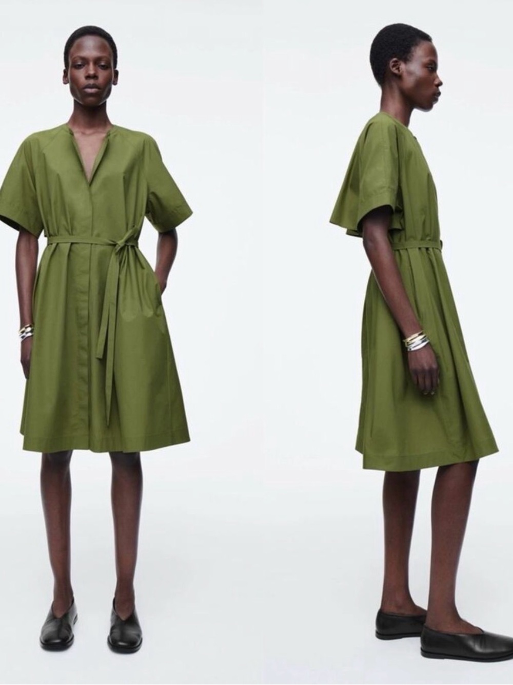 COS Olive Green V-Neck Tie-Waist Midi Dress